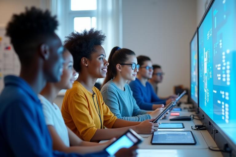 Mokytojai, dirbantys su interaktyviomis technologijomis, mokiniai mokosi su džiaugsmu